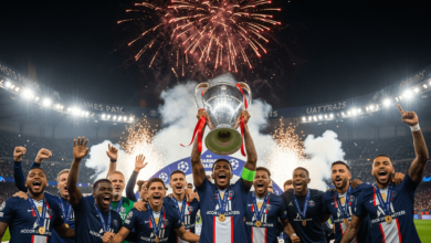 PSG players lifting the Champions League trophy after their 5-0 win against Inter Milan in 2025