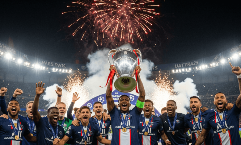 PSG players lifting the Champions League trophy after their 5-0 win against Inter Milan in 2025