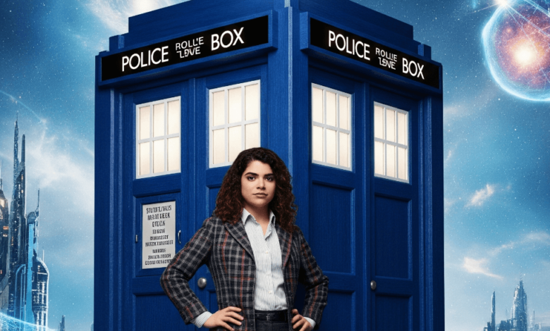 Billie Piper standing in front of the TARDIS as the new Doctor in Doctor Who