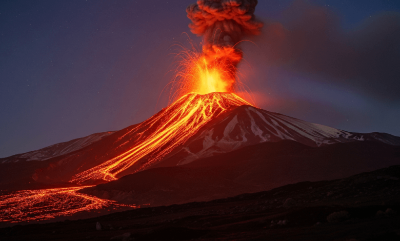 Mount Etna volcano erupting with glowing lava and ash plume during June 2025 eruption