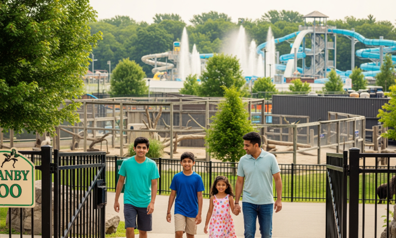 Family entering Granby Zoo with animal exhibits and water park in the background