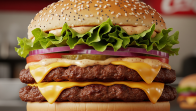 Big Arch Burger with two beef patties, cheddar cheese, lettuce, onions, and creamy sauce in a sesame poppy seed bun