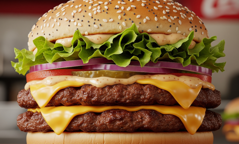 Big Arch Burger with two beef patties, cheddar cheese, lettuce, onions, and creamy sauce in a sesame poppy seed bun