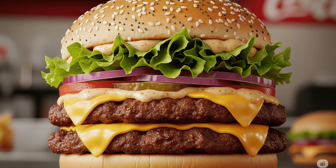 Big Arch Burger with two beef patties, cheddar cheese, lettuce, onions, and creamy sauce in a sesame poppy seed bun