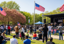 People celebrating Juneteenth 2025 with American flags, music, and cultural performances in a city park