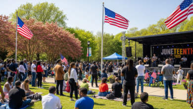 People celebrating Juneteenth 2025 with American flags, music, and cultural performances in a city park