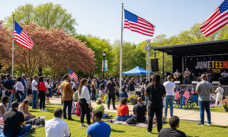People celebrating Juneteenth 2025 with American flags, music, and cultural performances in a city park
