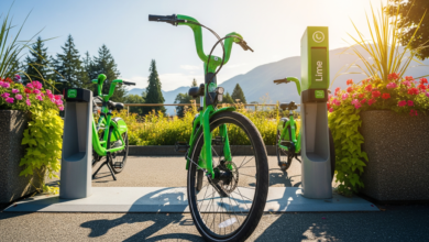 A Lime e‑bike parked at a designated Lime Grove hub in North Vancouver during the e‑bike share program