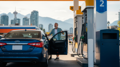 Car refueling at a gas station in Vancouver as prices rise in summer 2025