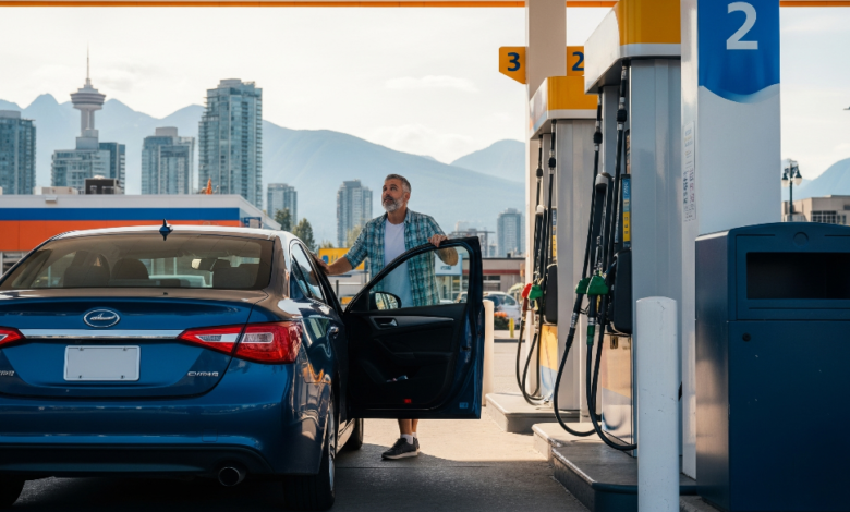 Car refueling at a gas station in Vancouver as prices rise in summer 2025