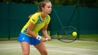 Young Ukrainian tennis player training on a European court, symbolizing resilience and hope amid war.