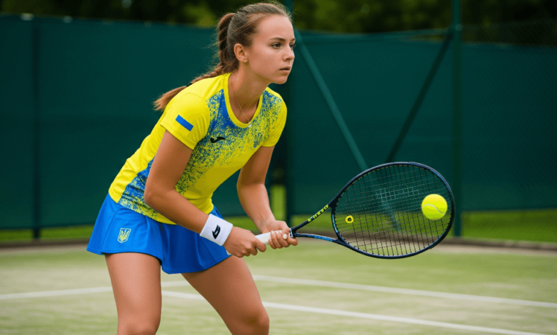 Young Ukrainian tennis player training on a European court, symbolizing resilience and hope amid war.