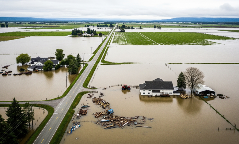 Flooded farmlands and roads in Abbotsford’s Sumas Prairie after heavy rainfall in British Columbia