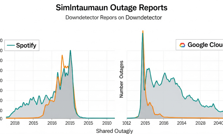 Visual showing spike in Spotify and Google Cloud outage reports on Downdetector