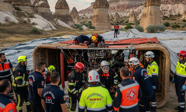 Emergency response team at the site of a hot air balloon crash in Turkey’s Cappadocia region, June 2025.