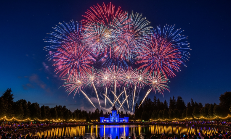 Canada Day fireworks lighting up the night sky at Castle Park in Port Coquitlam