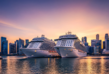Sapphire Princess and Diamond Princess cruise ships docked at the Singapore cruise terminal during sunset