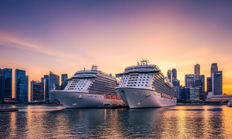 Sapphire Princess and Diamond Princess cruise ships docked at the Singapore cruise terminal during sunset