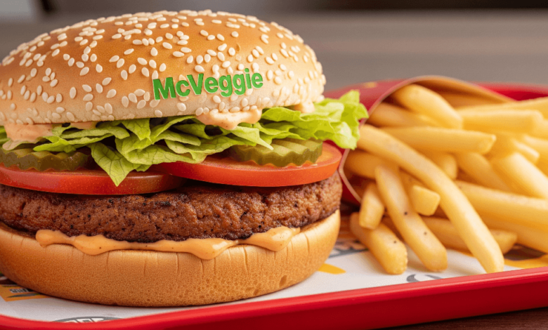 Close-up of McDonald’s McVeggie Burger with lettuce, tomato, and sauce inside a sesame seed bun, on a tray with fries.