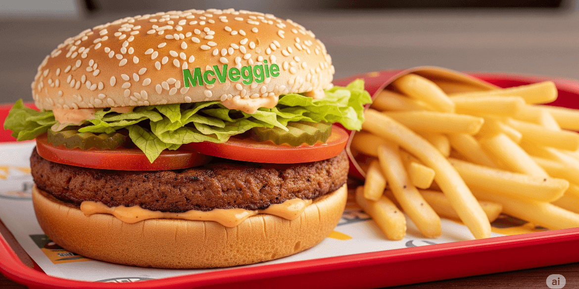 Close-up of McDonald’s McVeggie Burger with lettuce, tomato, and sauce inside a sesame seed bun, on a tray with fries.