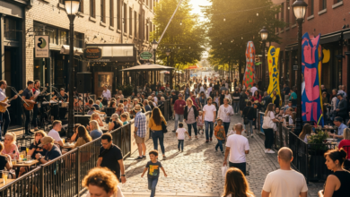 People enjoying the pedestrian-only zone on Gastown’s Water Street with live music, patios, and public art installations on a sunny summer Sunday