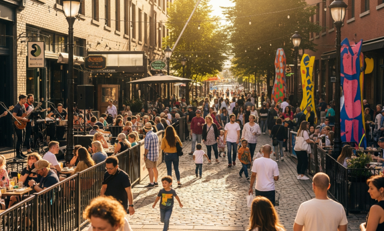 People enjoying the pedestrian-only zone on Gastown’s Water Street with live music, patios, and public art installations on a sunny summer Sunday