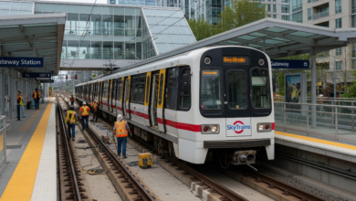 SkyTrain train stopped at Gateway Station in Surrey amid ongoing track repairs