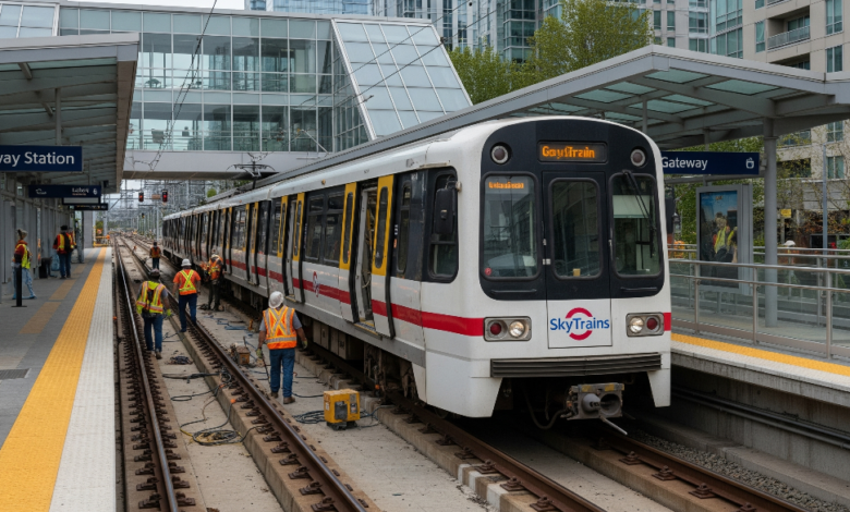 SkyTrain train stopped at Gateway Station in Surrey amid ongoing track repairs