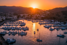 Aerial view of Avalon Harbor at sunset with boats docked and Catalina's hills in the background