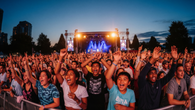 A vibrant crowd enjoying a live summer concert in Vancouver with stage lights and evening sky