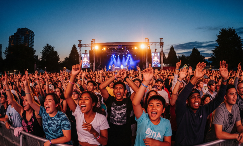 A vibrant crowd enjoying a live summer concert in Vancouver with stage lights and evening sky