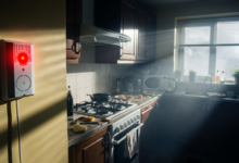 Wall-mounted carbon monoxide detector flashing red during a residential gas leak