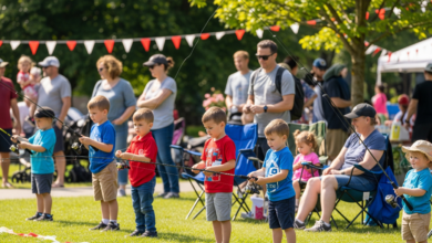 Children participating in the free kids' fishing derby at Lions Park during Canada Day 2025 in Port Coquitlam