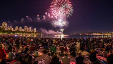 Crowds enjoying fireworks during the Honda Celebration of Light at English Bay in Vancouver