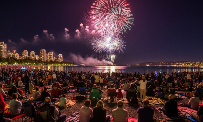 Crowds enjoying fireworks during the Honda Celebration of Light at English Bay in Vancouver