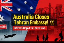 Split image with Australian flag over a closed embassy and Tehran skyline with red warning tint, airplane icon, warning symbol, and people evacuating