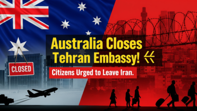 Split image with Australian flag over a closed embassy and Tehran skyline with red warning tint, airplane icon, warning symbol, and people evacuating