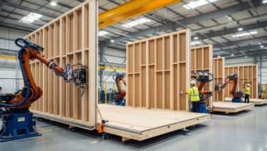 Robotic arms constructing prefabricated mass-timber wall panels inside a Vancouver housing factory