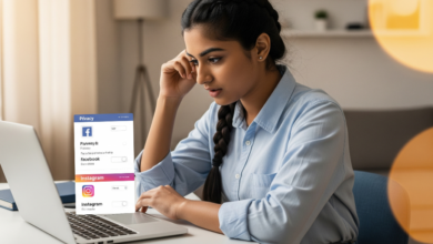 Young Indian student reviewing Facebook and Instagram settings before US visa interview