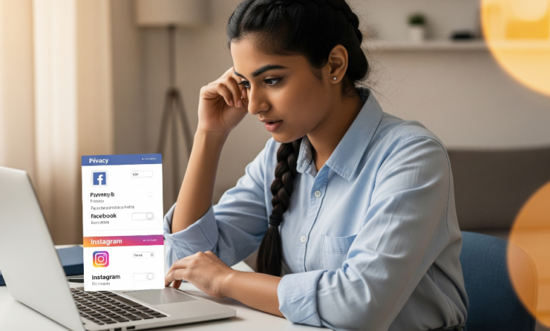 Young Indian student reviewing Facebook and Instagram settings before US visa interview