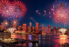 Fireworks over Vancouver skyline during Canada Day and summer festivals
