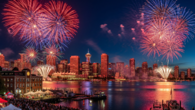 Fireworks over Vancouver skyline during Canada Day and summer festivals