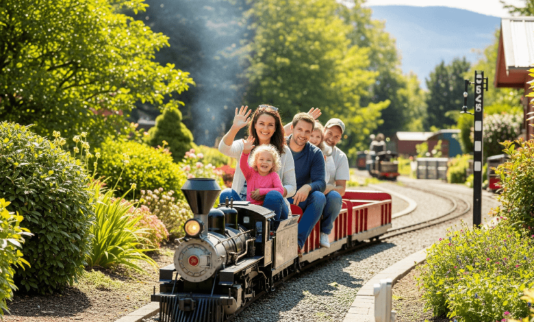 Family enjoying a miniature train ride at Burnaby Central Railway in Metro Vancouver