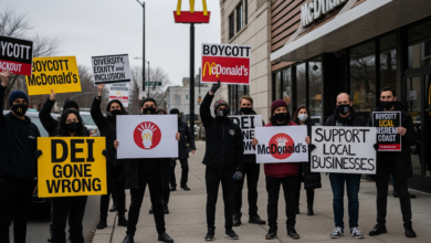 Protesters holding signs outside McDonald’s during Economic Blackout boycott over DEI policy changes