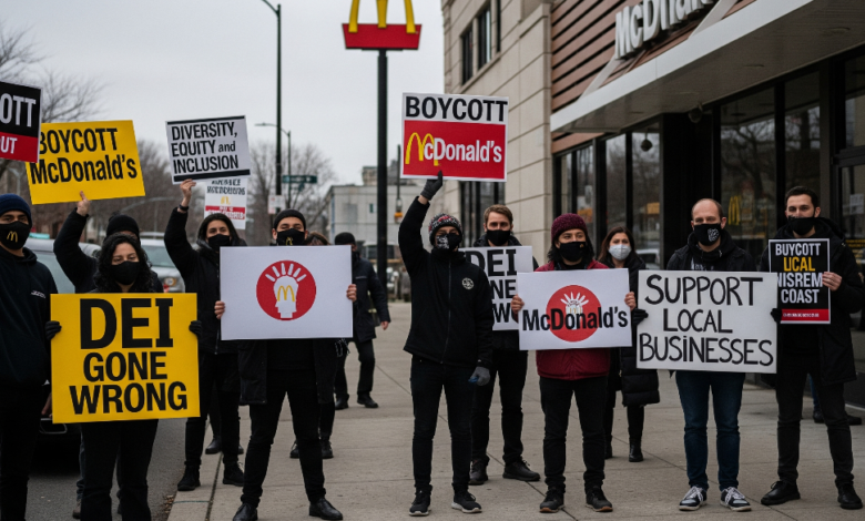 Protesters holding signs outside McDonald’s during Economic Blackout boycott over DEI policy changes