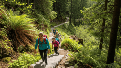 Hikers ascending granite stairs on the PoCo Climb Phase 2 trail in Port Coquitlam surrounded by trees and nature
