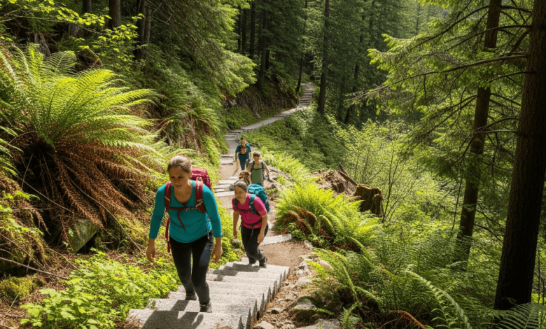 Hikers ascending granite stairs on the PoCo Climb Phase 2 trail in Port Coquitlam surrounded by trees and nature