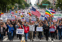 Protesters holding #NoKings banners and signs during peaceful Flag Day rally in 2025