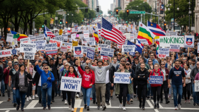 Protesters holding #NoKings banners and signs during peaceful Flag Day rally in 2025