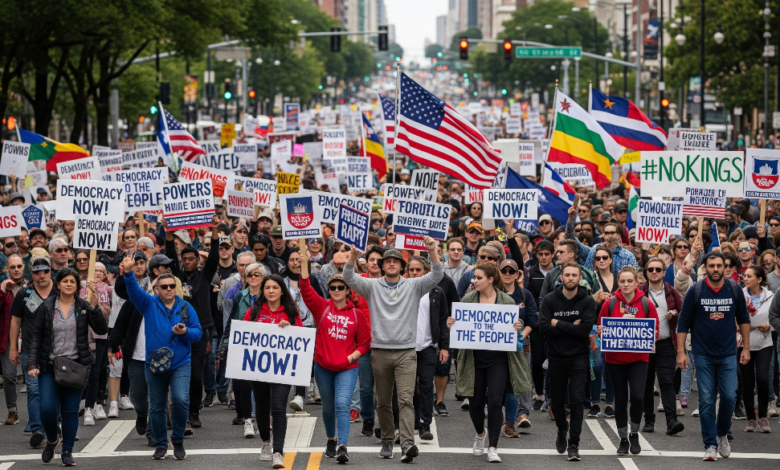 Protesters holding #NoKings banners and signs during peaceful Flag Day rally in 2025